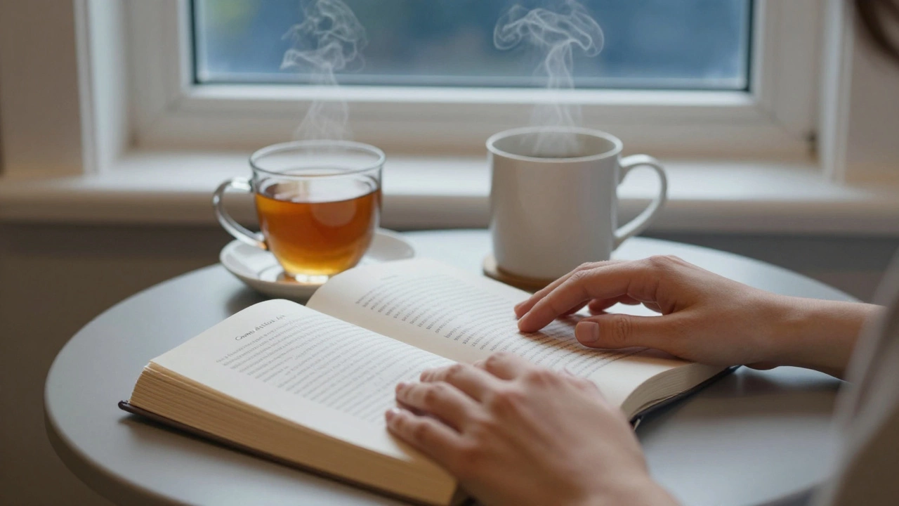 An open self-help book on intimacy beside two teacups, hands resting gently on the pages in quiet shared learning.